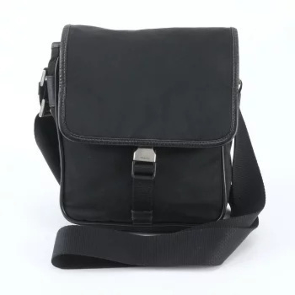 Prada Tessuto Triangle Leather Messenger Crossbody Bag Black
